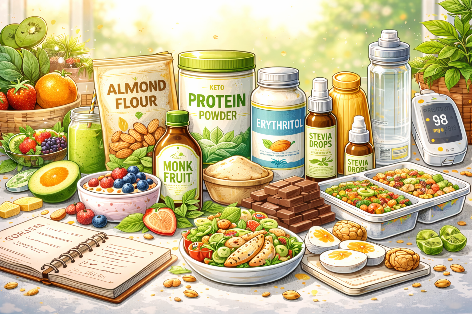 Sugar-free snacks and ingredients on a clean kitchen counter